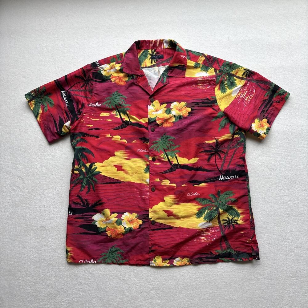 Year In Year Out Hawaiian Shirt‎ Mens XXL Red Tropical Sunset Palm Tree Aloha